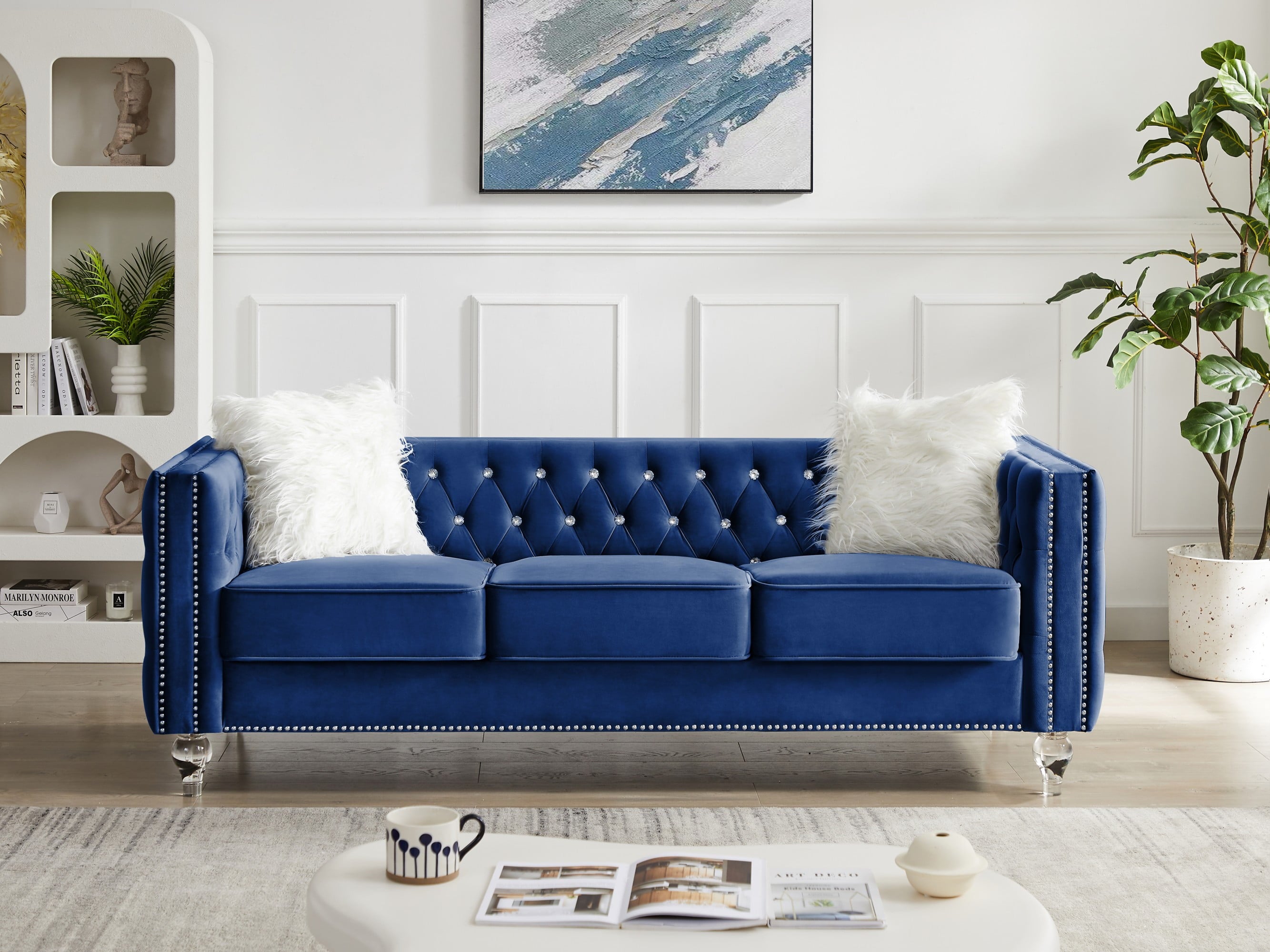 Gewnee 86.6 Modern Sofa Couch,Teddy Velvet 3 Seaters Comfy Couch with Deep Seat for Living Room,2 Pillows,Beige