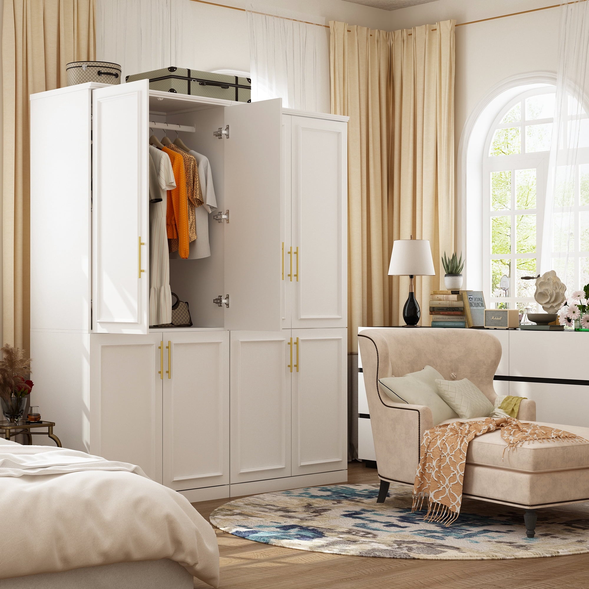 OxyLife 2 Door Wardrobe Armoire, White Closet Storage Organizer with Drawers and Shelves