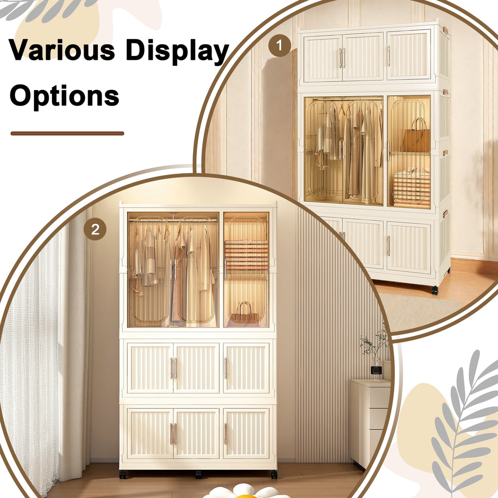 Garmic 62 Foldable Storage Wardrobe with Wheels, Portable Closet Organizer with 9 Magnetic Doors & 2 Hanging Rod, Plastic Armoire for Clothes Toys Books, White