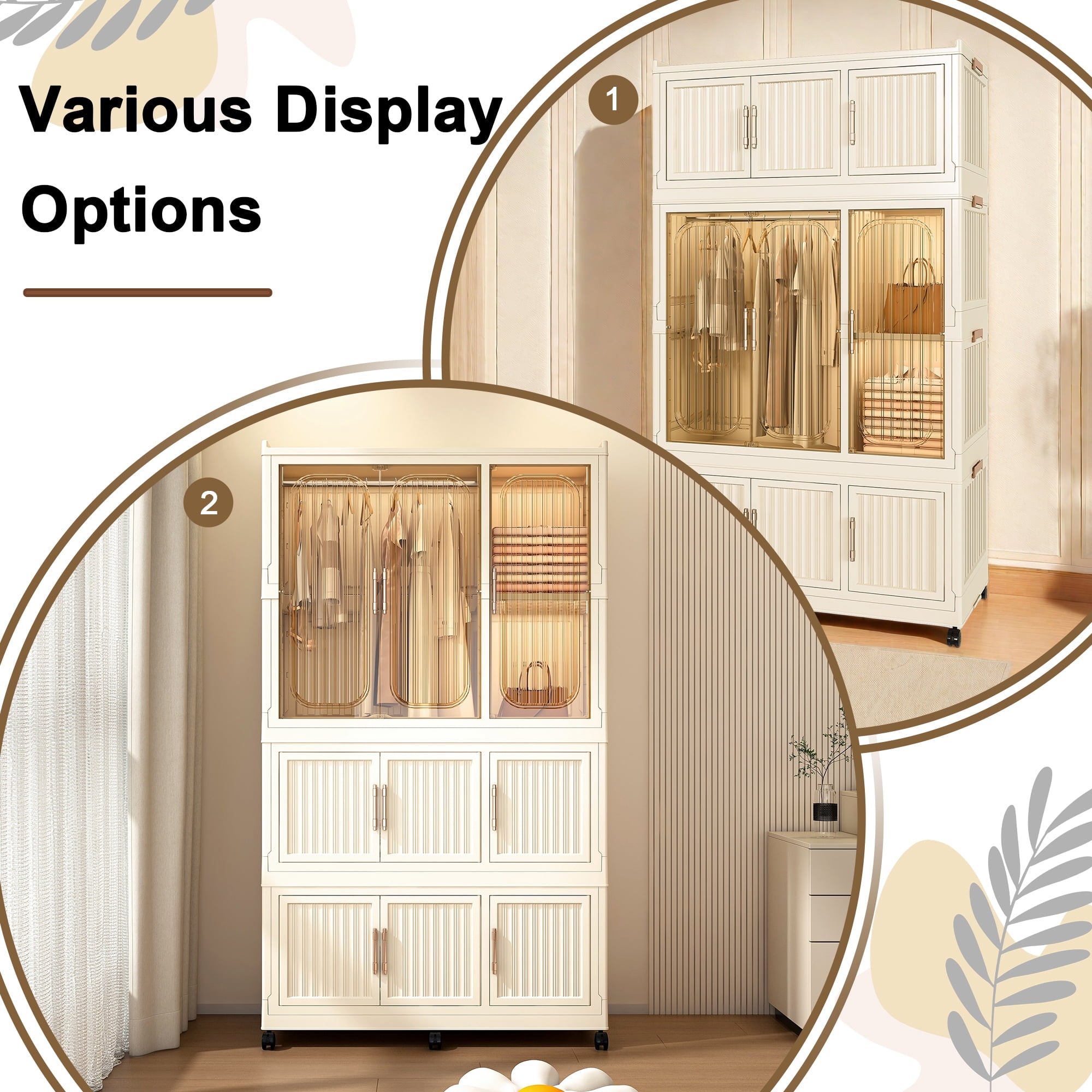 Garmic 62 Foldable Storage Wardrobe with Wheels, Portable Closet Organizer with 9 Magnetic Doors & 2 Hanging Rod, Plastic Armoire for Clothes Toys Books, White