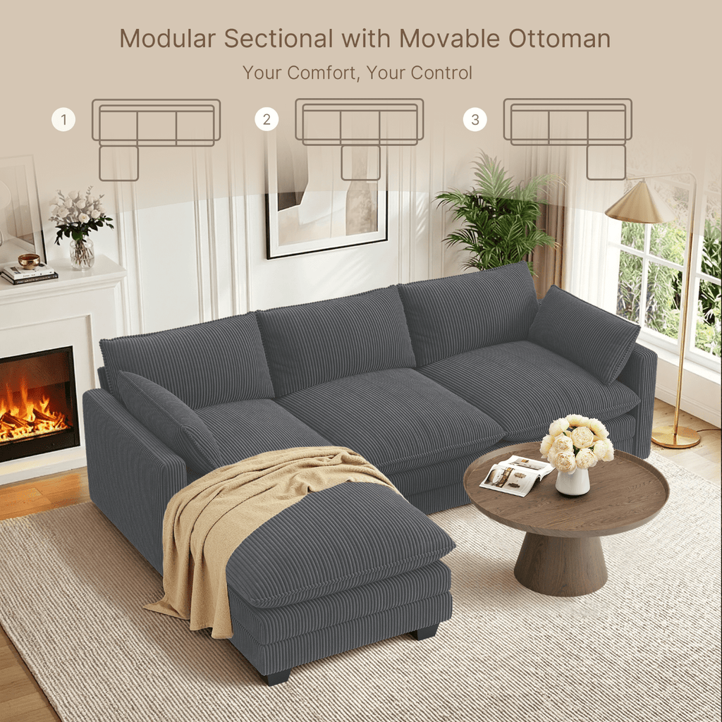 110'' Oversized L Shaped Couch for Living Room, Cloud Couches with Washable Corduroy Cover, Modern 4-Seater Comfy Deep-Seat Sofa with Movable Ottoman and 2 Throw Pillows for Apartment, Gray