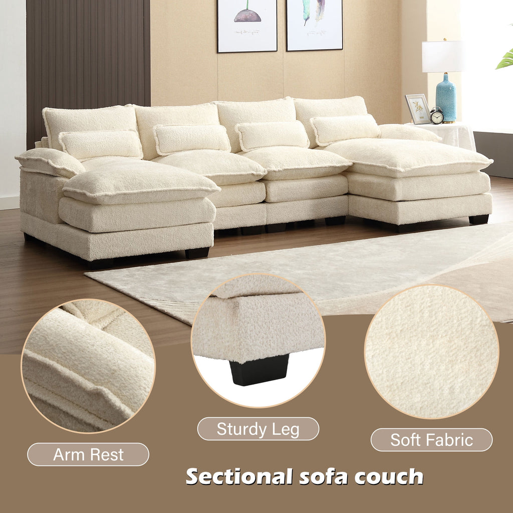 JONPONY109.45 U Shaped Couch,Oversized 4 Seat Sectional with 4 Waist Pillows, Convertible Upholstery Symmetrical Sofá,Sleeper Sofa Couch with Double Chaise Lounge &Memory Foam for Living Room, Beige