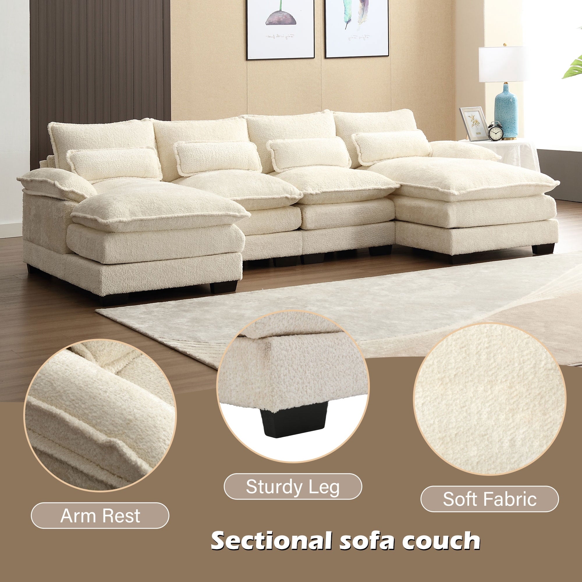 JONPONY109.45 U Shaped Couch,Oversized 4 Seat Sectional with 4 Waist Pillows, Convertible Upholstery Symmetrical Sofá,Sleeper Sofa Couch with Double Chaise Lounge &Memory Foam for Living Room, Beige