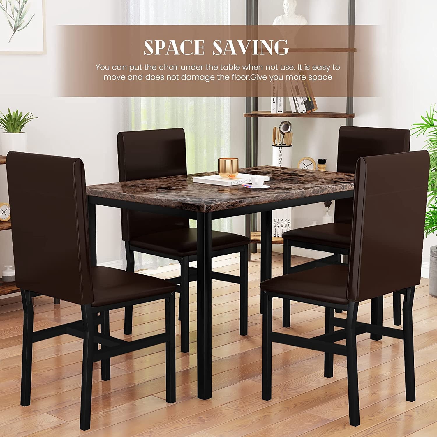 MIERES 5-Piece Dining Table Set for 4, Faux Marble Kitchen Table and 4 Chairs, Modern Dining Room Table with 4 Chairs, Dinner Table Set for Small Spaces, Brown