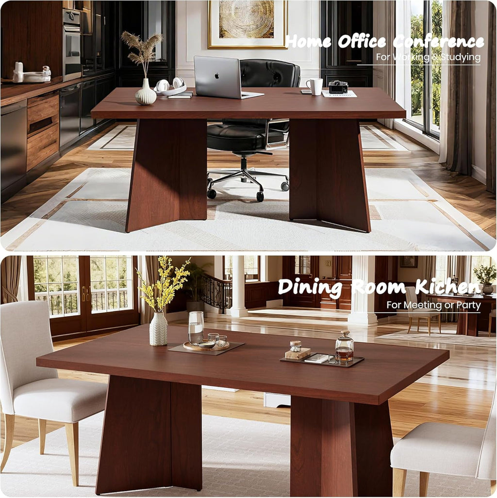 Dining Table for 6-8 People - 63 Modern Long Kitchen Table with Large Tabletop & Heavy Duty Pedestal Legs, Dinner Table for Kitchen, Conference Room, Home, Walnut