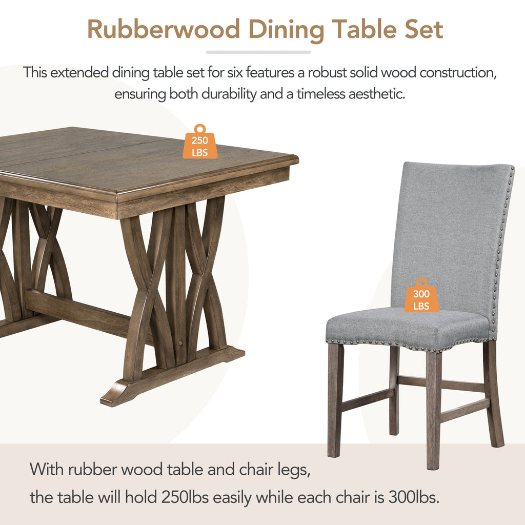 Harper & Bright Designs 7 Pieces Retro Dining Set for 6, Wood Rectangular Table with Designed Trestle Base and 6 Upholstered Chairs for Dining Room and Kitchen, Grey