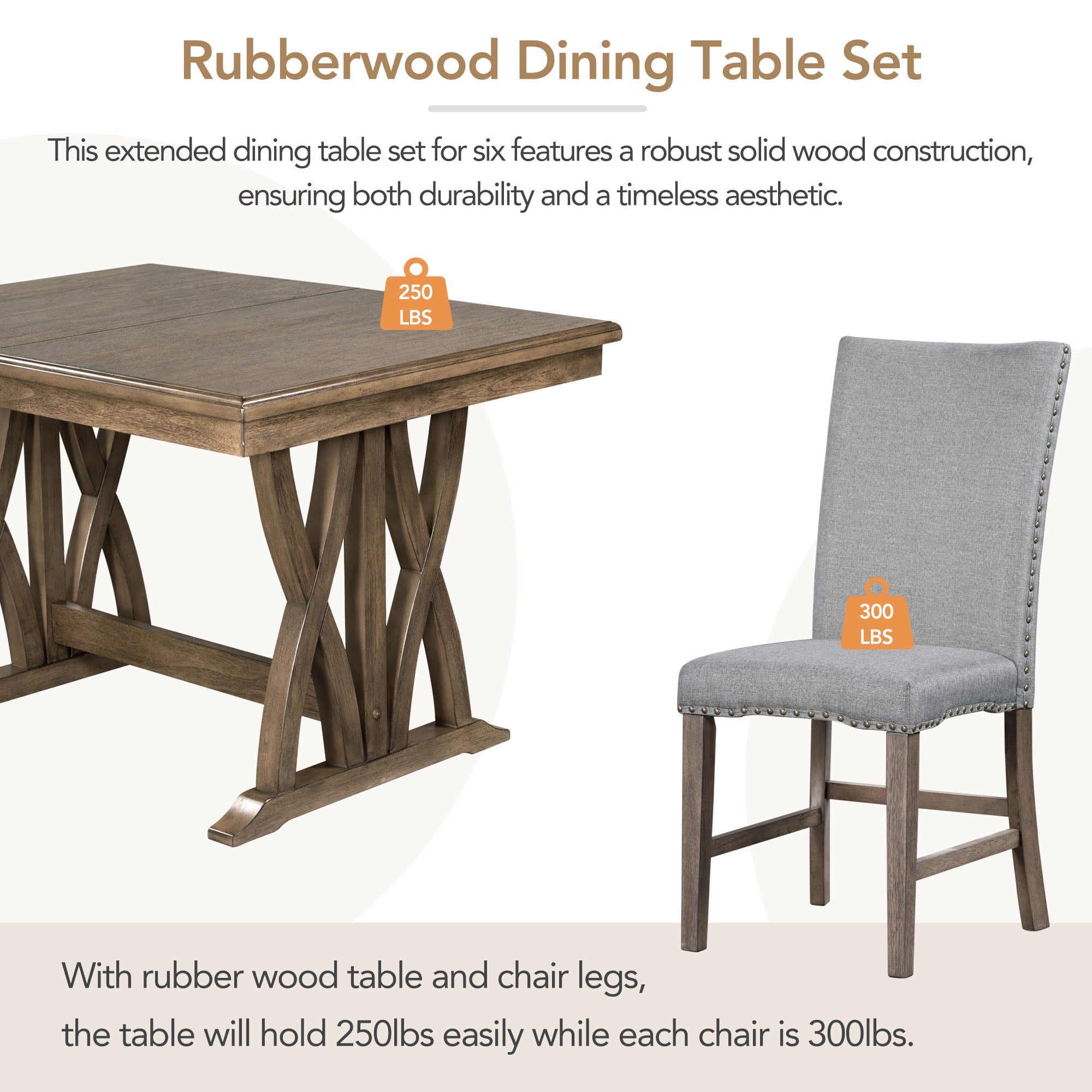 Harper & Bright Designs 7 Pieces Retro Dining Set for 6, Wood Rectangular Table with Designed Trestle Base and 6 Upholstered Chairs for Dining Room and Kitchen, Grey