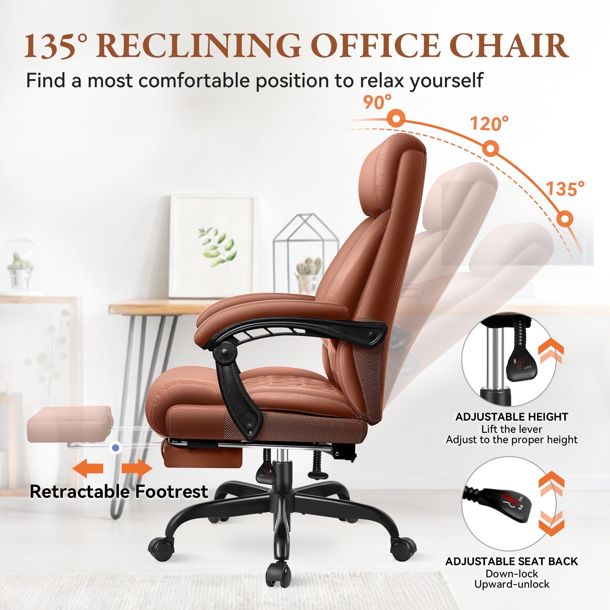 FASTES Executive Office Chair, Ergonomic Desk Chair with Adjustable Armrests, Computer Leather Chair Big and Tall Office Chair with Footrest and Lumbar Support, Brown