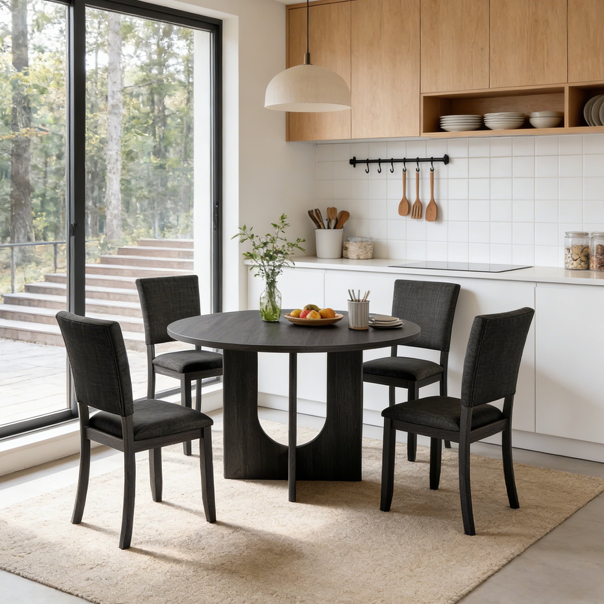 Leovanni Modern 48 5-Piece Solid Wood Dining Table Set with 4 Upholstered Chairs, Rectangular Kitchen & Dining Room Set, Natural