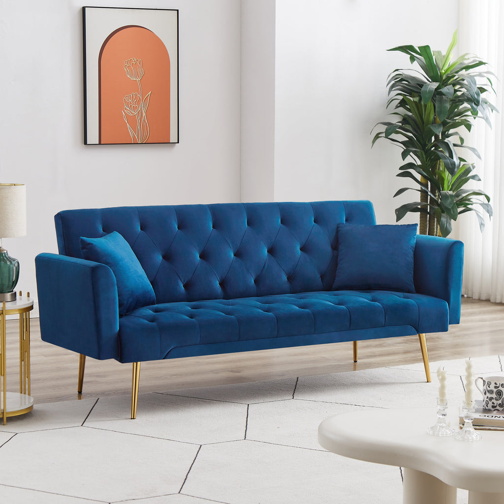 71 Inches Velvet Futon Sofa Bed with 2 Pillows,Modern Convertible Futon Couch with 3 Adjustable Backrest Angles and Gold Metal Feet,Suitable for Apartment,Living Room,Small Space,Pink