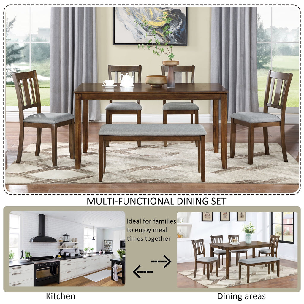 Dining Room Set, LEGAHOME 6 Piece Dining Sets with Bench and Chairs, Solid Wood Kitchen Dining Table Set for 6 with Upholstered Chairs, Gray