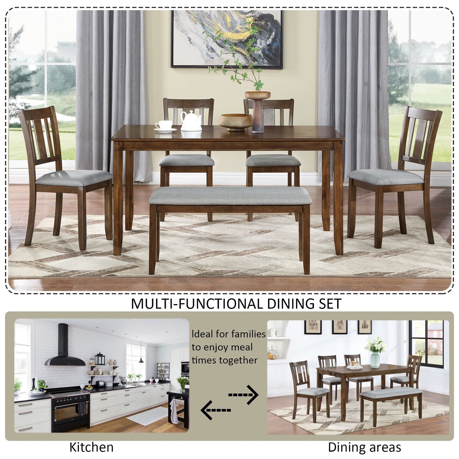 Dining Room Set, LEGAHOME 6 Piece Dining Sets with Bench and Chairs, Solid Wood Kitchen Dining Table Set for 6 with Upholstered Chairs, Gray