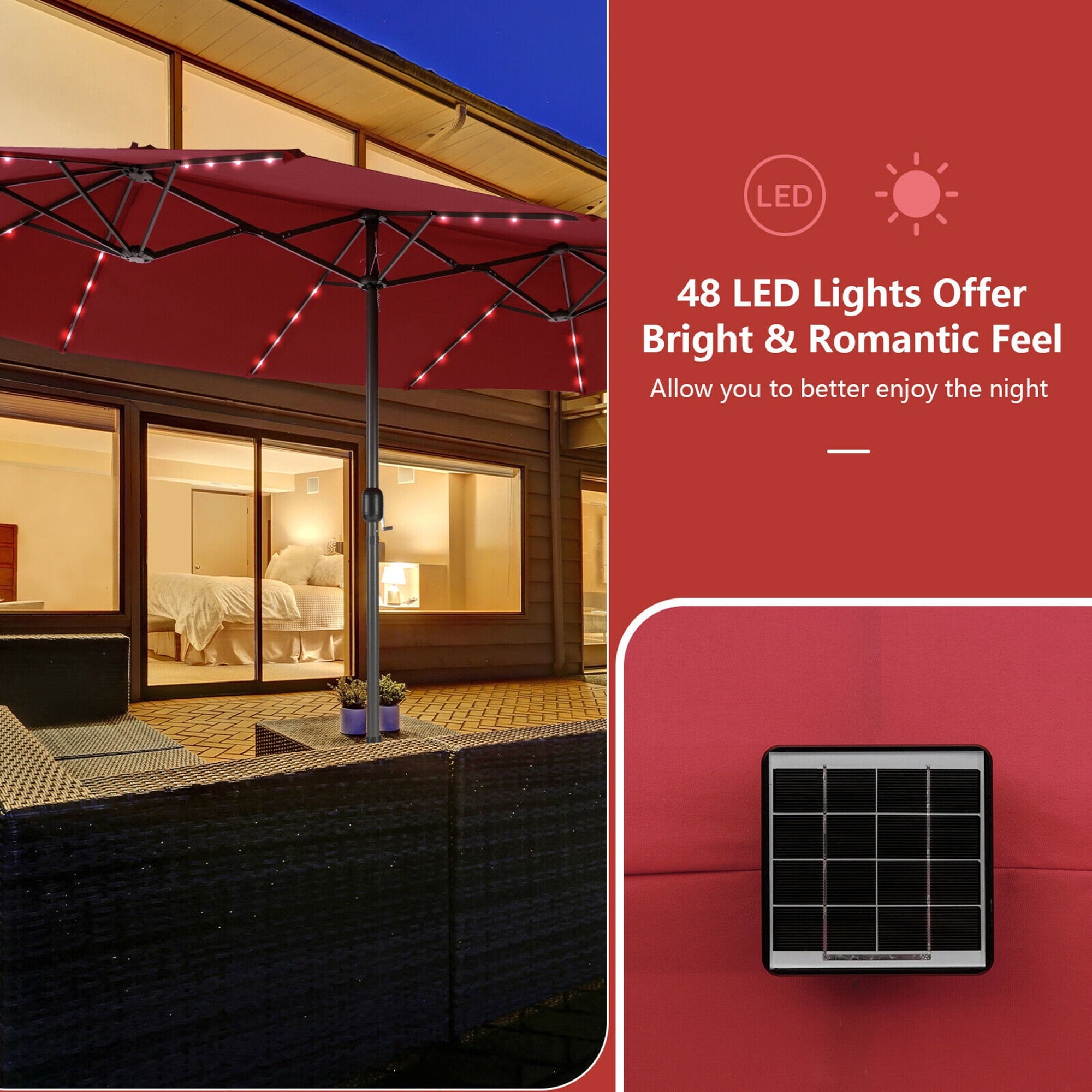 Gymax Outdoor 15' Double-Sided Patio Umbrella 48 Solar LED Lights Crank & Base Coffee