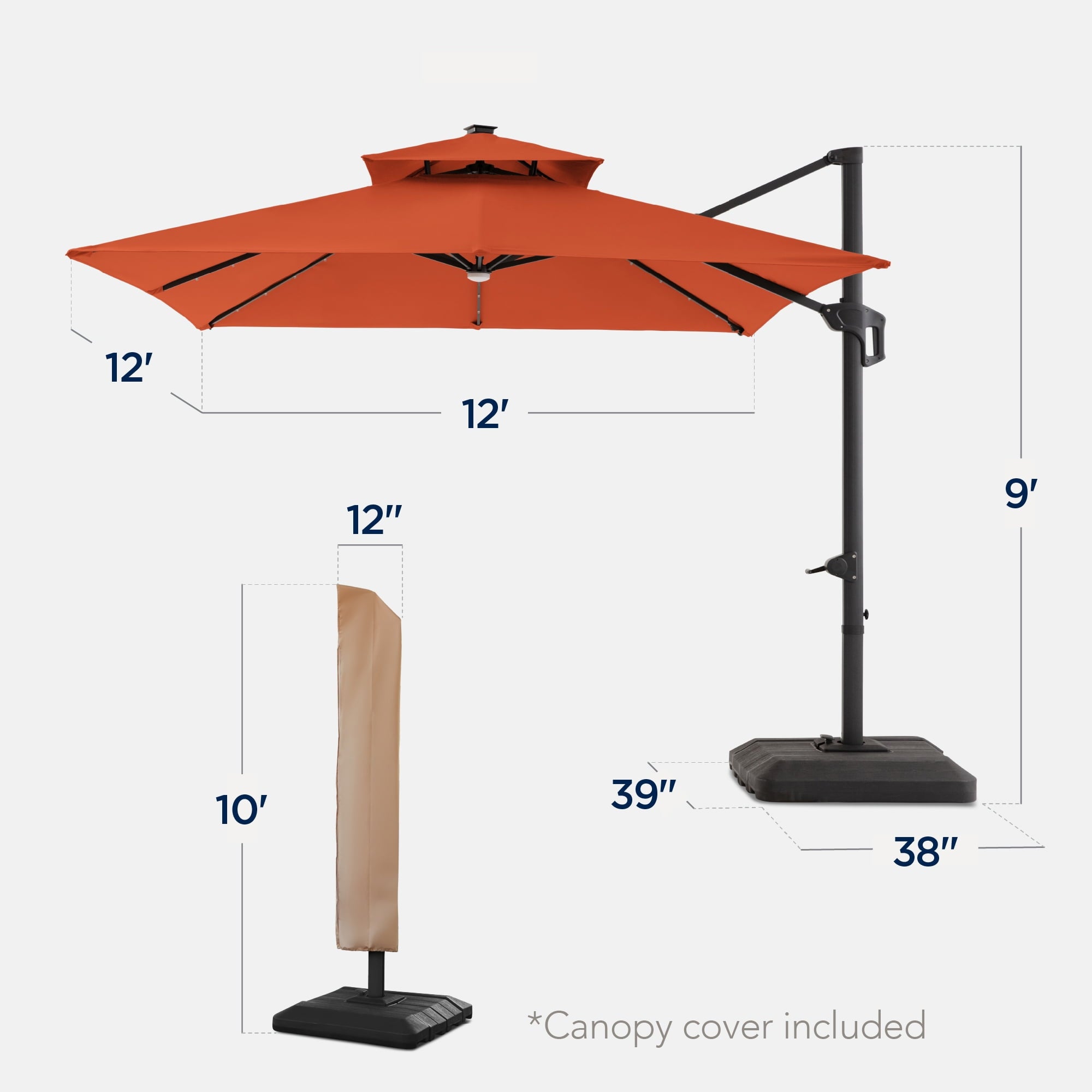 Best Choice Products 12x12ft 2-Tier Square Outdoor Solar LED Cantilever Umbrella w/ 360-Rotating Base   Gray