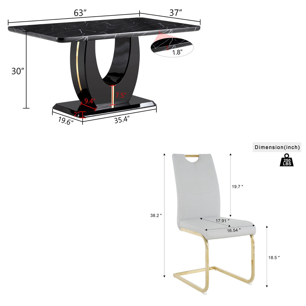 63 Modern White Rectangle Faux Marble Dining Table Room Sets for 4,Dining Table with 4 Velvet Dining Chairs,White Table and 4 Gray Chairs with Silver Leg