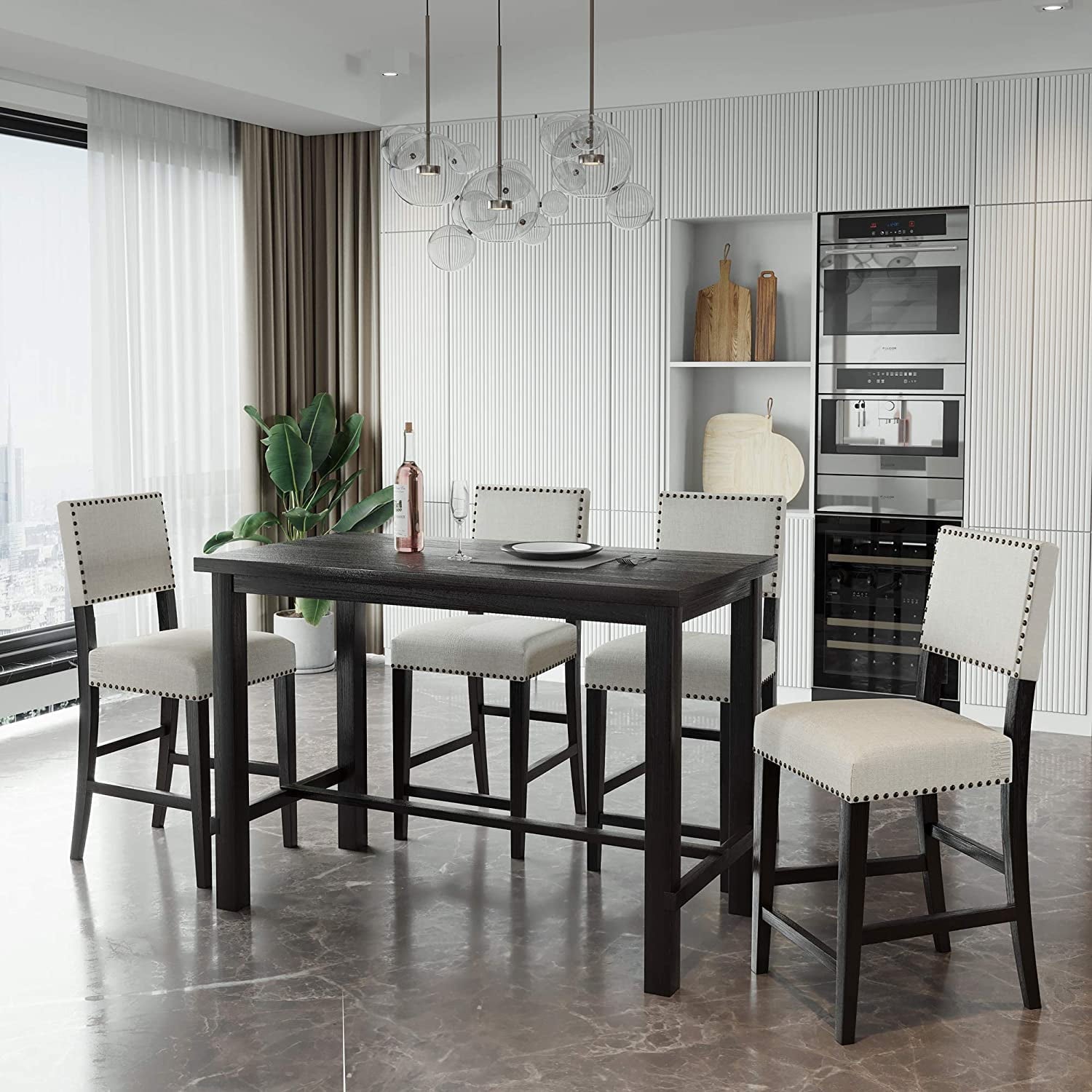 Harper & Bright Designs 5 Piece Dining Table Set Counter Height Dining Set with Classic Elegant Rectangel Table and 4 Padded Chairs for Kitchen Dining Room, Black and Beige
