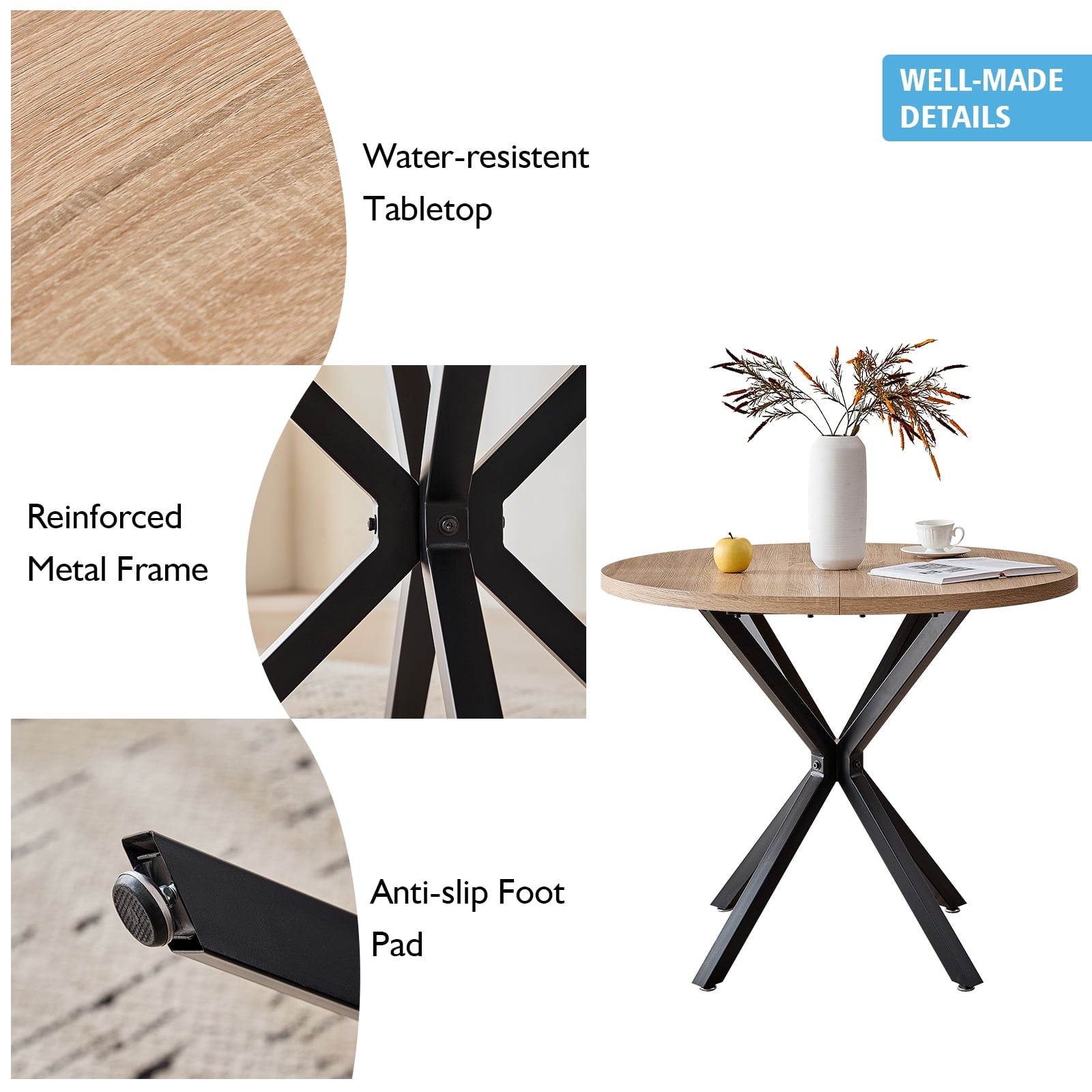 5 Piece 39 Round Dining Table Set for 4, Mid Century Kitchen Table with 4 Khaki Fabric Upholstered Dining Chairs for Apartment Living Room, Space Saving Table.