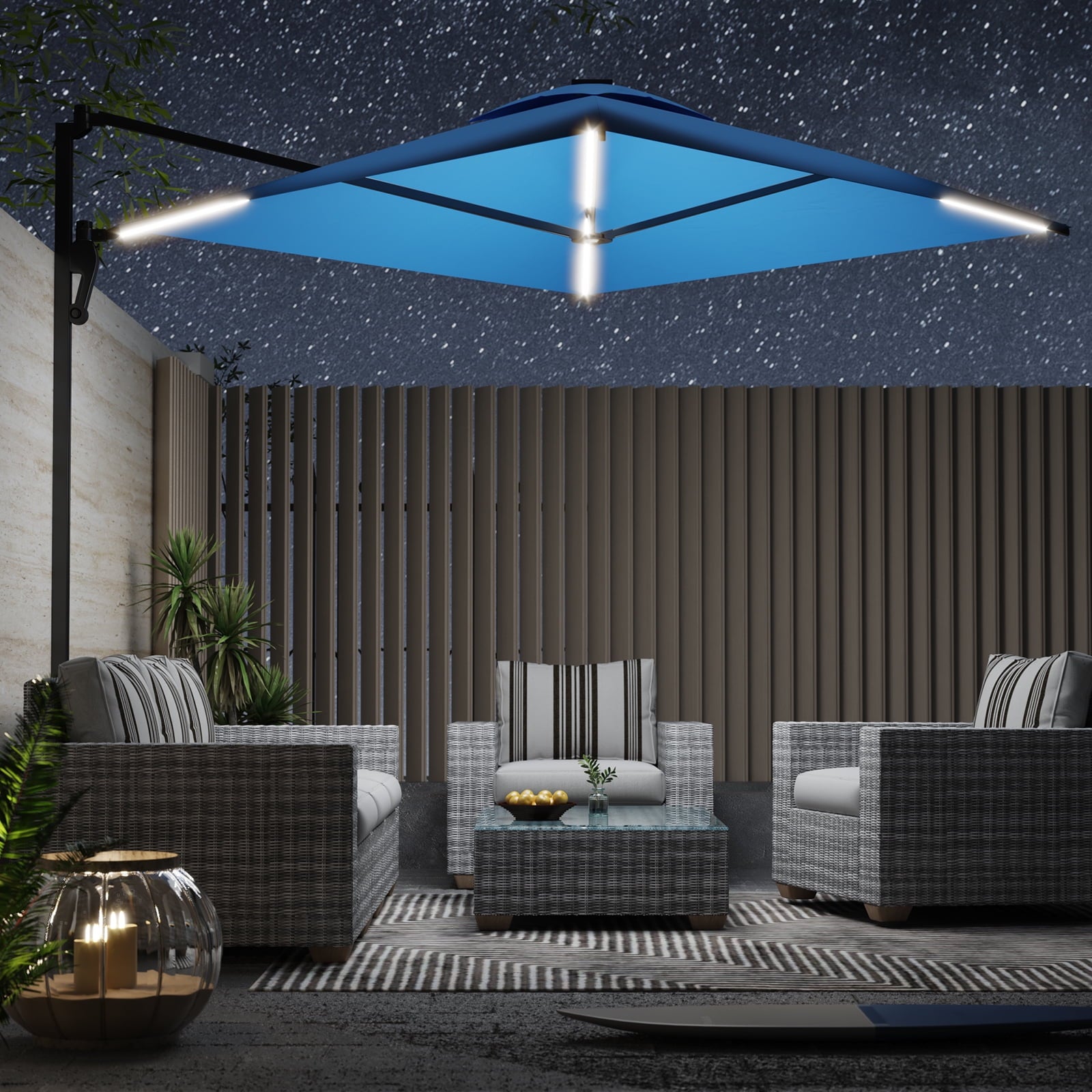 AECOJOY 10x10ft Outdoor Cantilever Patio Umbrella with Base, 360° Tilt & Rotate, Beige