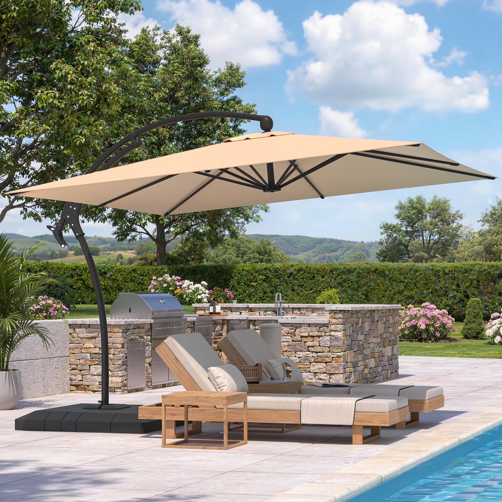 AECOJOY 10x10ft Outdoor Cantilever Patio Umbrella with Base, 360° Tilt & Rotate, Beige
