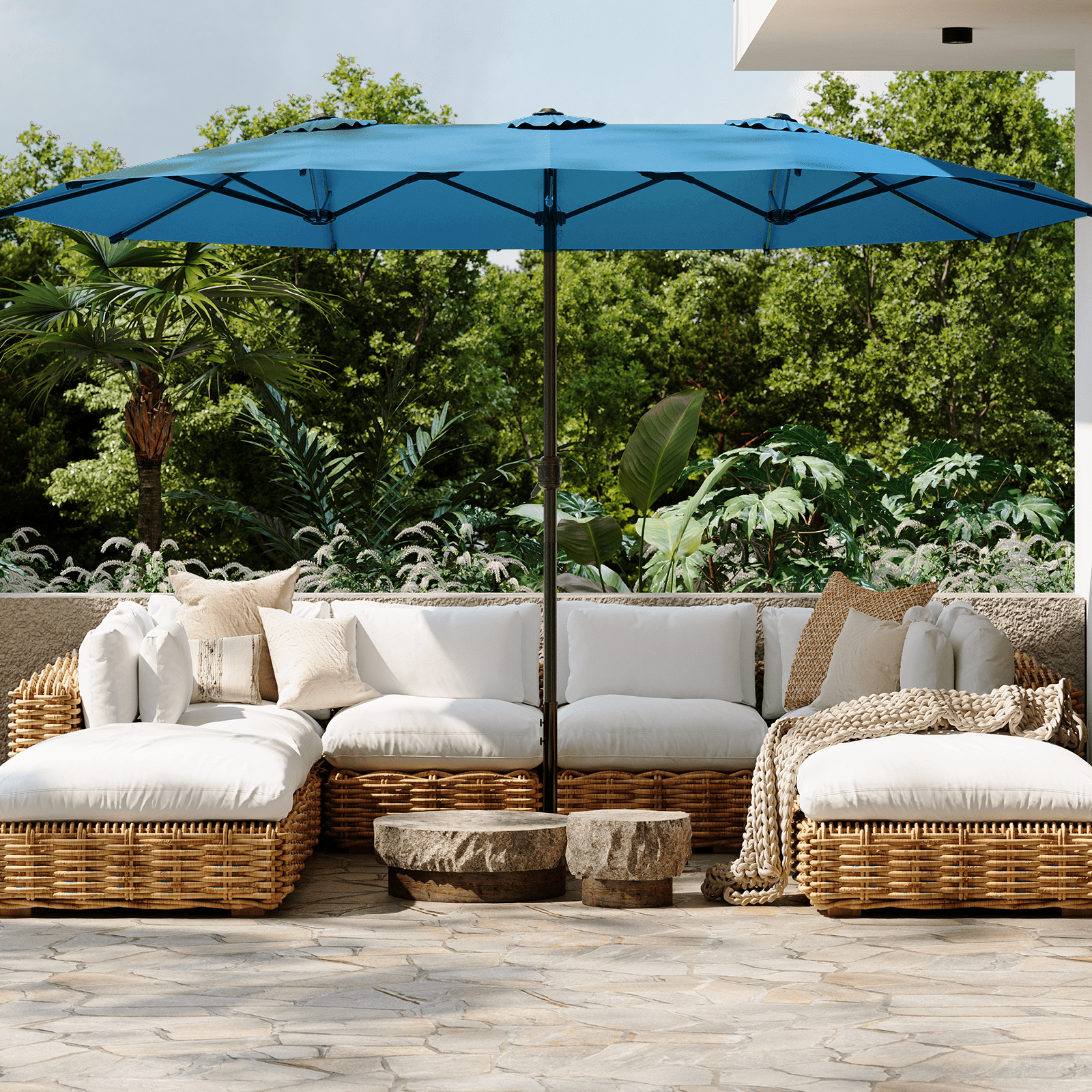 AECOJOY 10x10ft Outdoor Cantilever Patio Umbrella with Base, 360° Tilt & Rotate, Beige