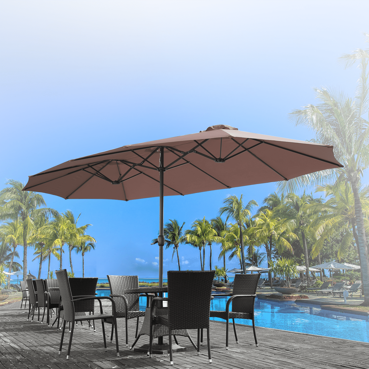 AECOJOY 10x10ft Outdoor Cantilever Patio Umbrella with Base, 360° Tilt & Rotate, Beige