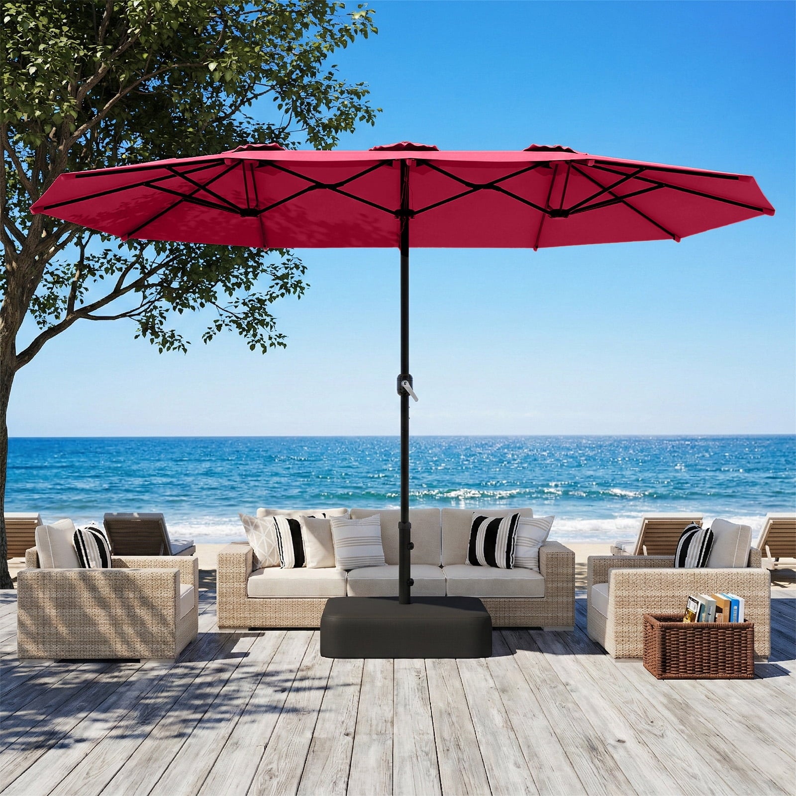 AECOJOY 10x10ft Outdoor Cantilever Patio Umbrella with Base, 360° Tilt & Rotate, Beige