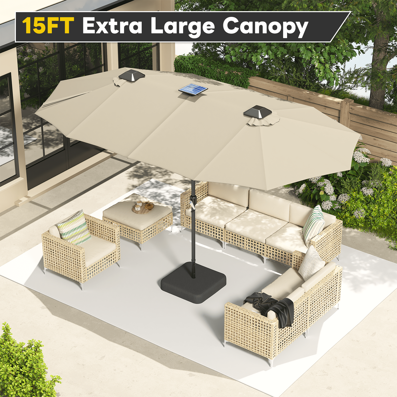 AECOJOY 10x10ft Outdoor Cantilever Patio Umbrella with Base, 360° Tilt & Rotate, Beige