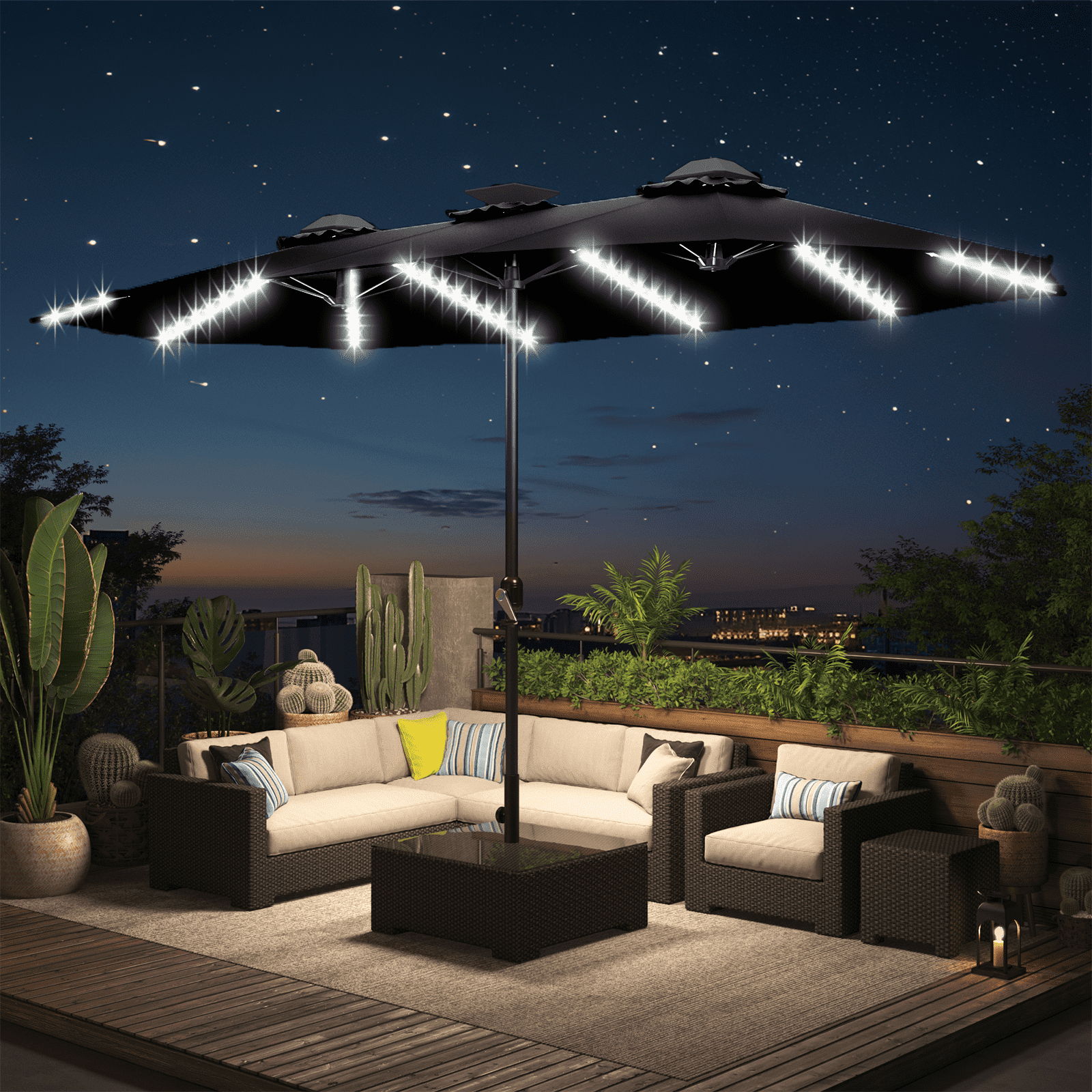 AECOJOY 10x10ft Outdoor Cantilever Patio Umbrella with Base, 360° Tilt & Rotate, Beige