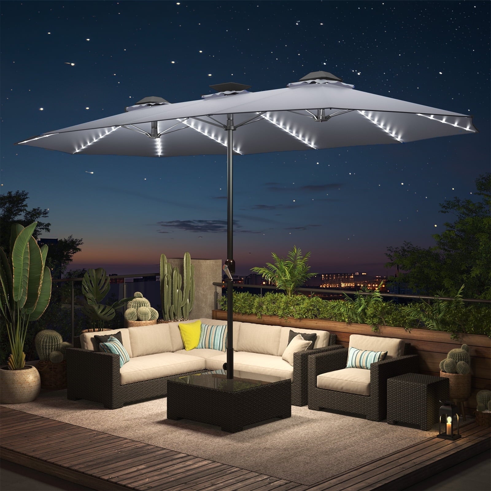 AECOJOY 10x10ft Outdoor Cantilever Patio Umbrella with Base, 360° Tilt & Rotate, Beige