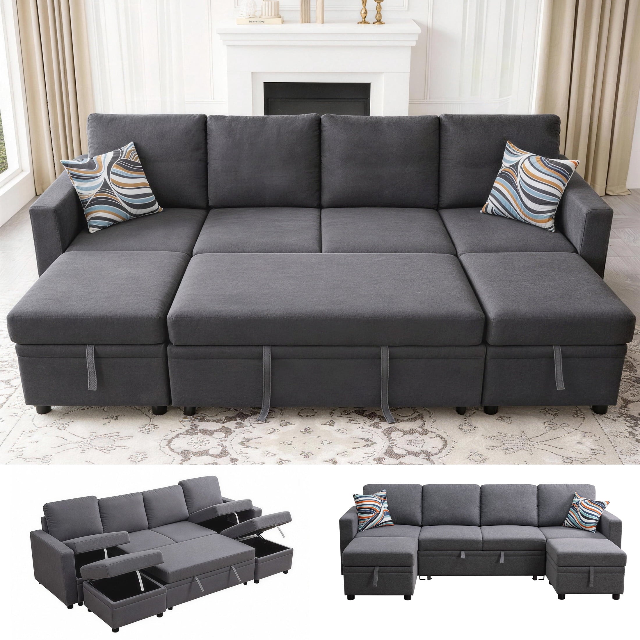 AENKYO 102 U-Shaped Sectional Sofa Bed, Linen Pull Out Sleeper Couch with Storage Seats for Living Room，White