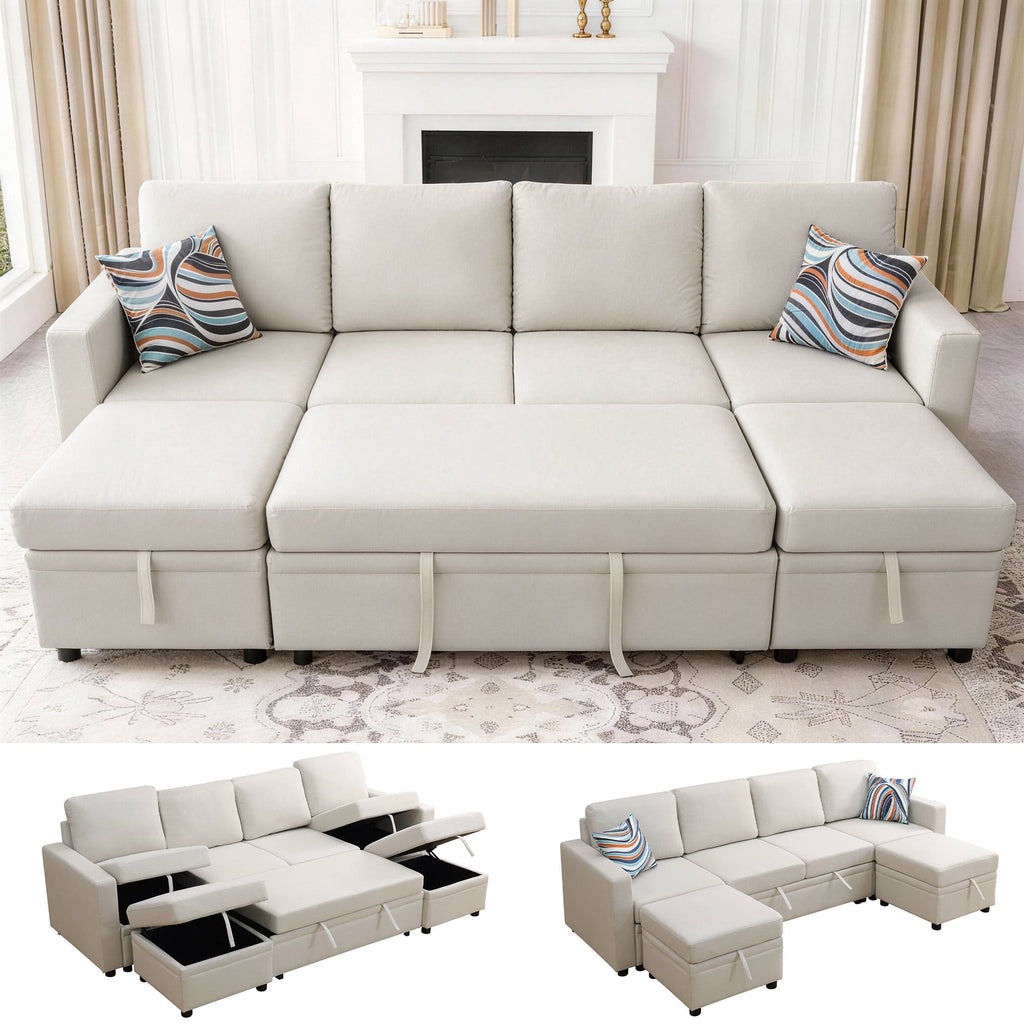 AENKYO 102 U-Shaped Sectional Sofa Bed, Linen Pull Out Sleeper Couch with Storage Seats for Living Room，White