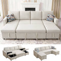 AENKYO 102 U-Shaped Sectional Sofa Bed, Linen Pull Out Sleeper Couch with Storage Seats for Living Room，White