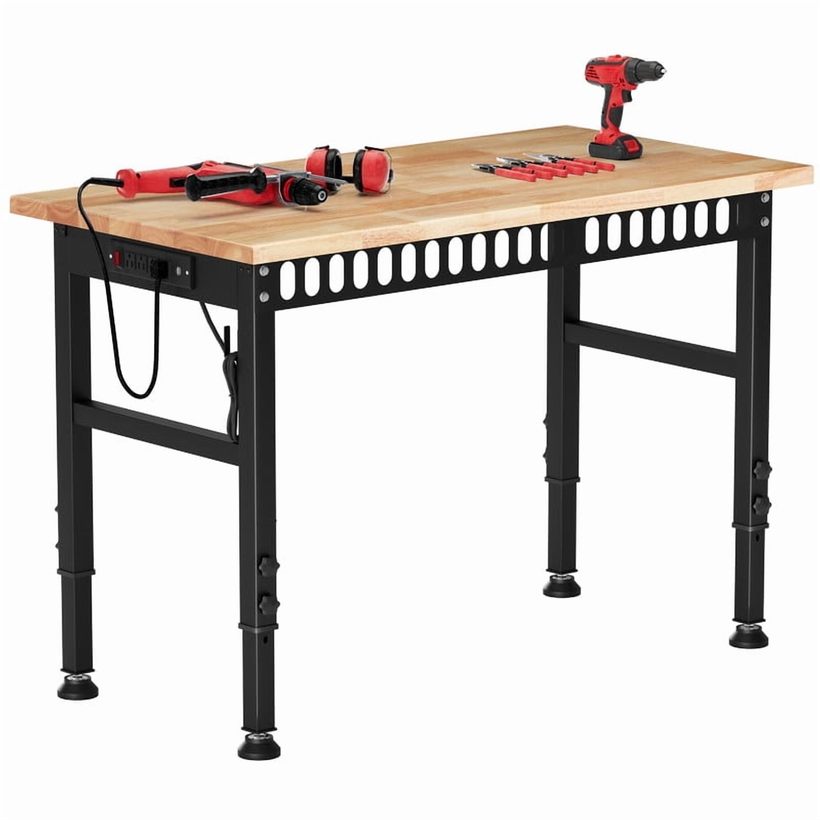 AHB 70 Adjustable Height Workbench with Power Outlets and Pegboard, 2000 lbs Heavy Duty Rubber Wood Top Work Table for Garage, Workshop, Office and Home