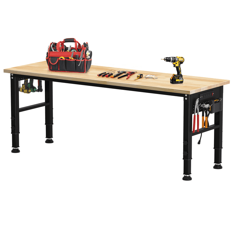 AHB 70 Adjustable Height Workbench with Power Outlets and Pegboard, 2000 lbs Heavy Duty Rubber Wood Top Work Table for Garage, Workshop, Office and Home