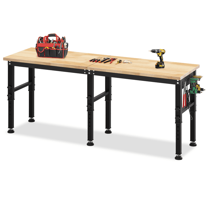 AHB 70 Adjustable Height Workbench with Power Outlets and Pegboard, 2000 lbs Heavy Duty Rubber Wood Top Work Table for Garage, Workshop, Office and Home