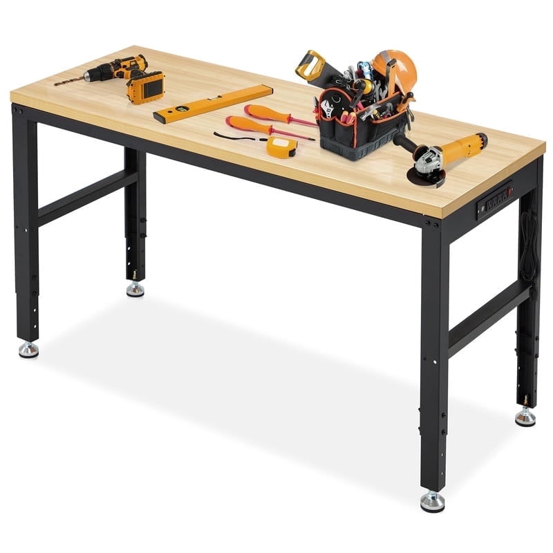 AHB 70 Adjustable Height Workbench with Power Outlets and Pegboard, 2000 lbs Heavy Duty Rubber Wood Top Work Table for Garage, Workshop, Office and Home