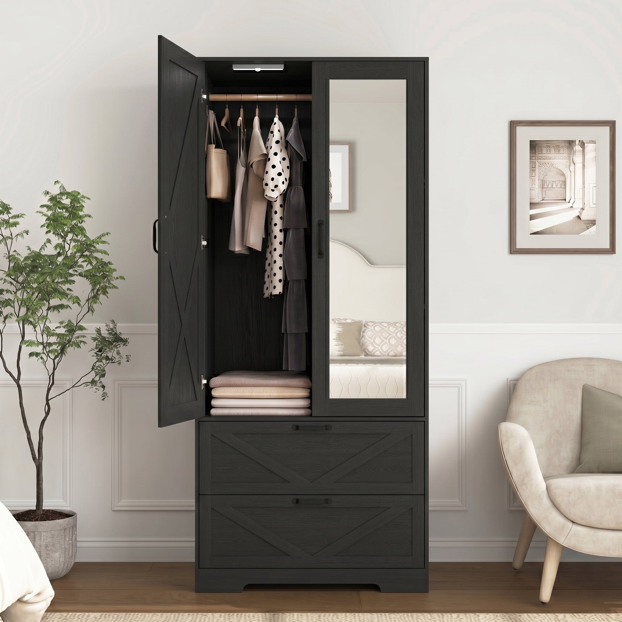AISWORD 60 Tall Metal Wardrobe Cabinet with 1 Drawer and Hanging Rod, 2 Doors Closet with Adjustable Shelf, White
