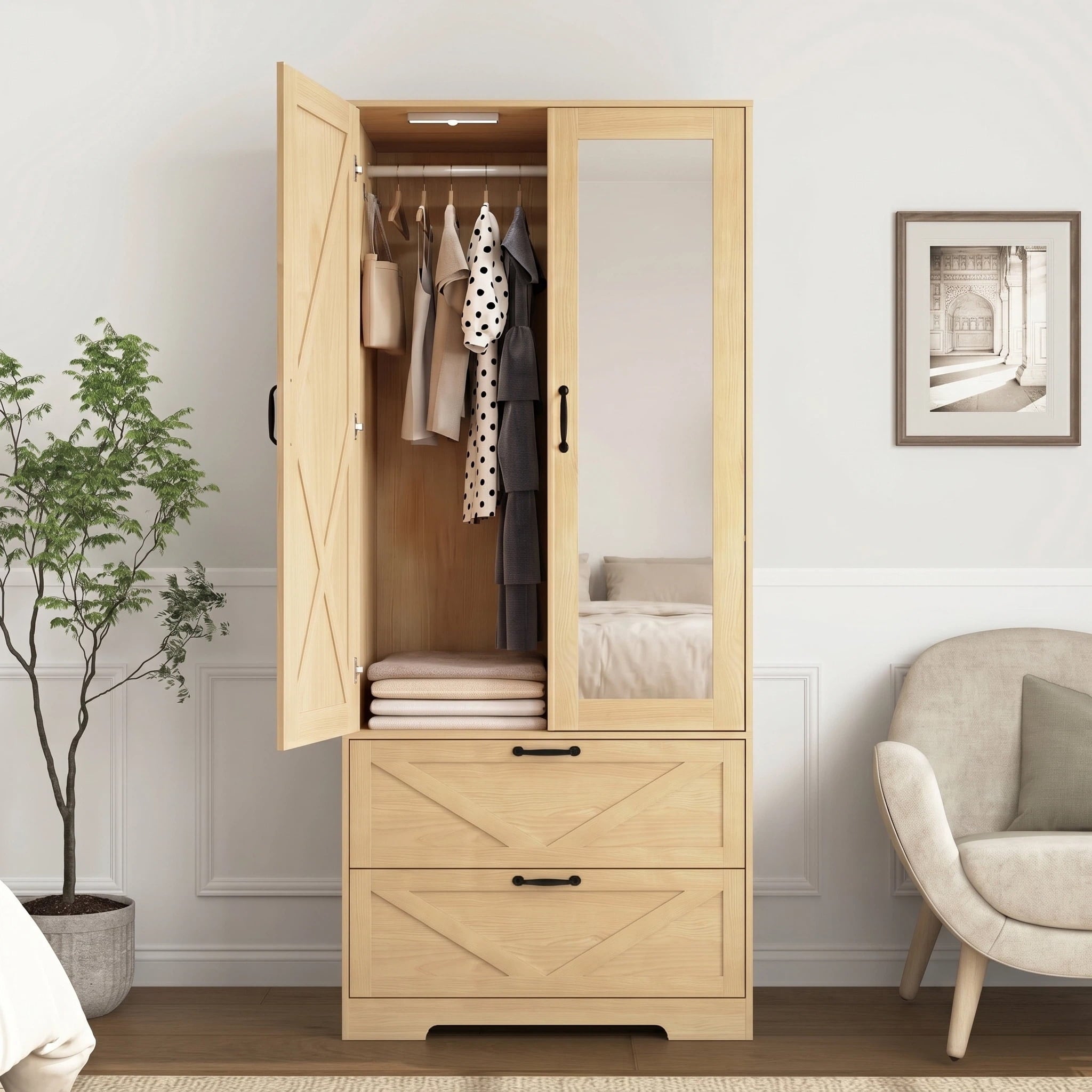 AISWORD 60 Tall Metal Wardrobe Cabinet with 1 Drawer and Hanging Rod, 2 Doors Closet with Adjustable Shelf, White
