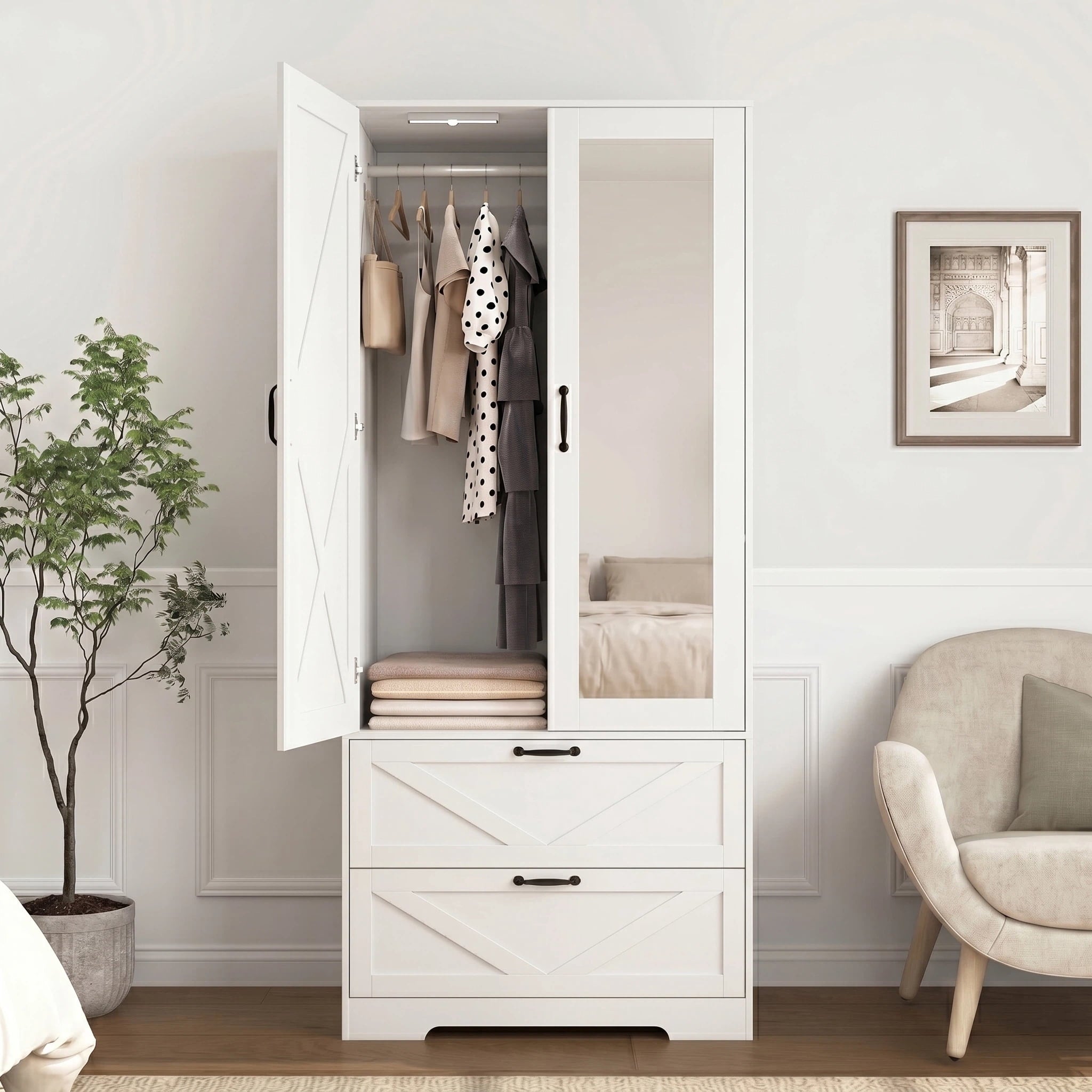 AISWORD 60 Tall Metal Wardrobe Cabinet with 1 Drawer and Hanging Rod, 2 Doors Closet with Adjustable Shelf, White