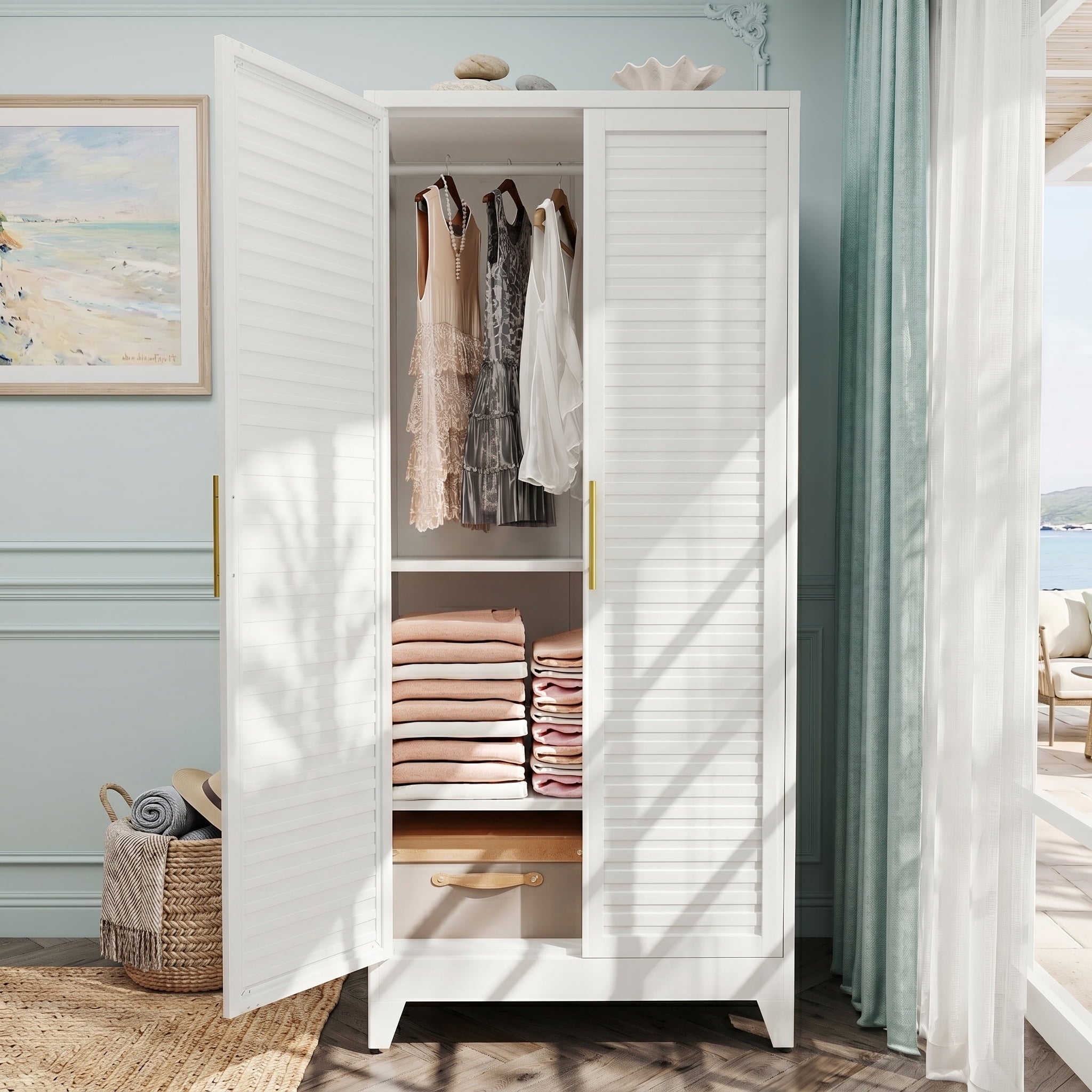 AISWORD 60 Tall Metal Wardrobe Cabinet with 1 Drawer and Hanging Rod, 2 Doors Closet with Adjustable Shelf, White