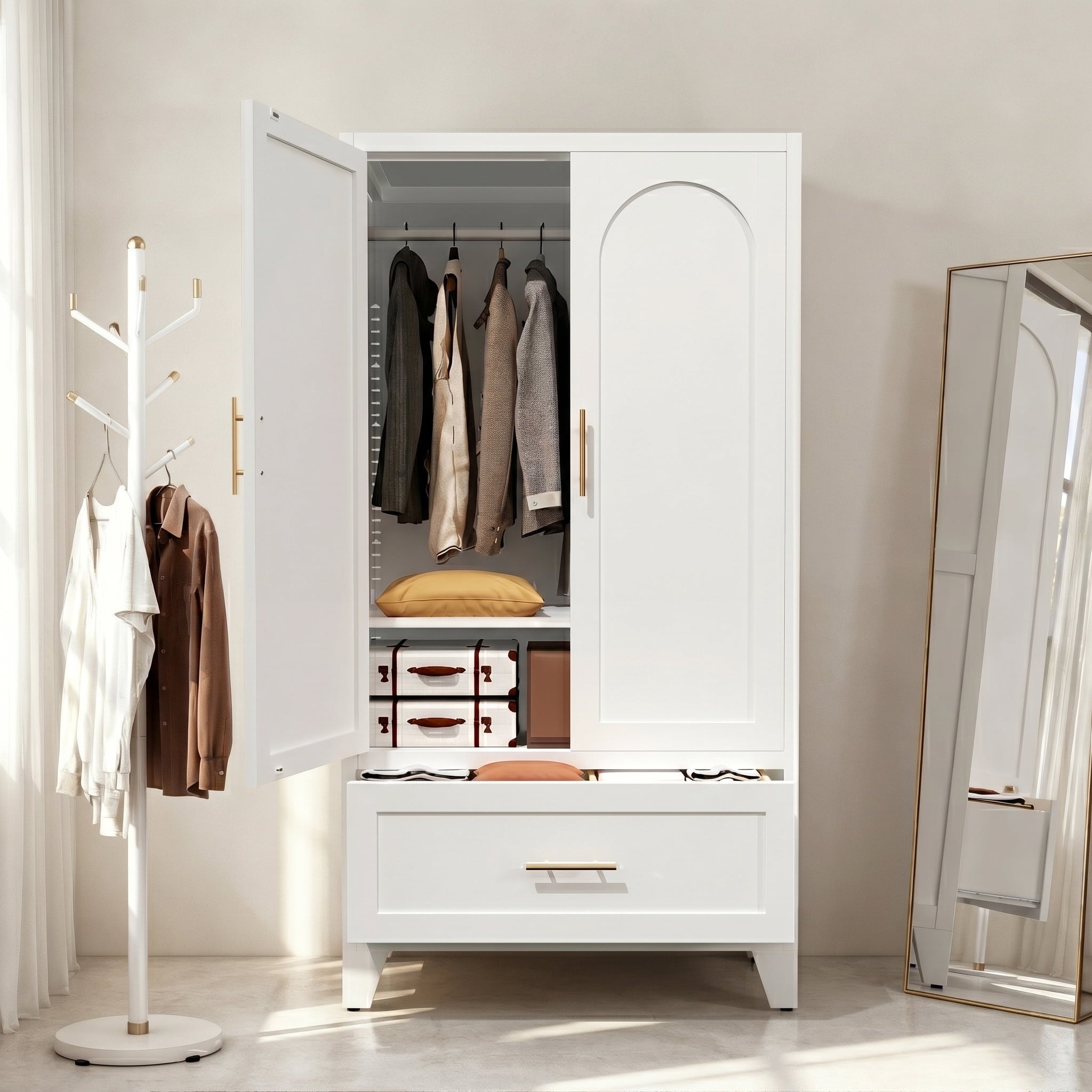 AISWORD 60 Tall Metal Wardrobe Cabinet with 1 Drawer and Hanging Rod, 2 Doors Closet with Adjustable Shelf, White