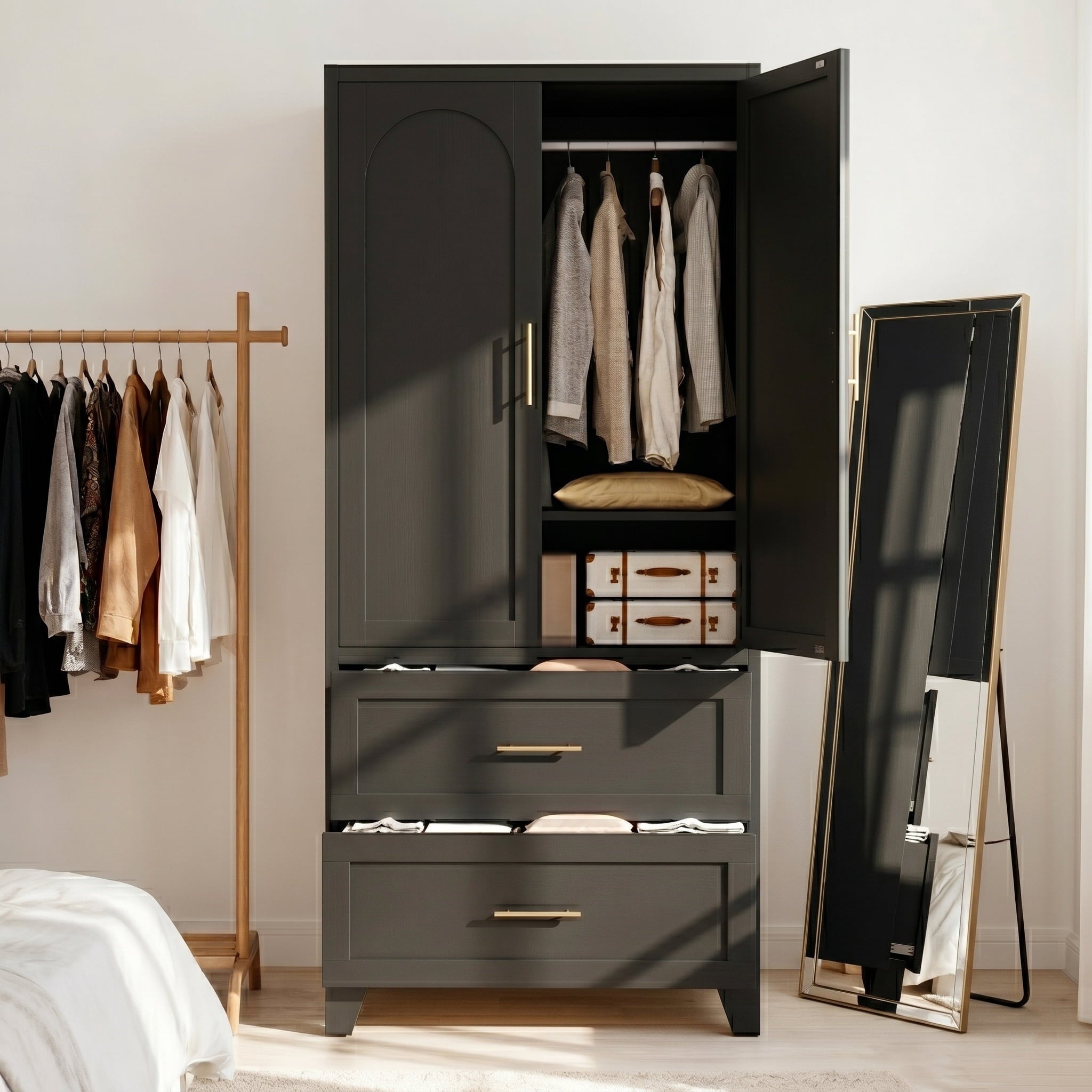 AISWORD 60 Tall Metal Wardrobe Cabinet with 1 Drawer and Hanging Rod, 2 Doors Closet with Adjustable Shelf, White