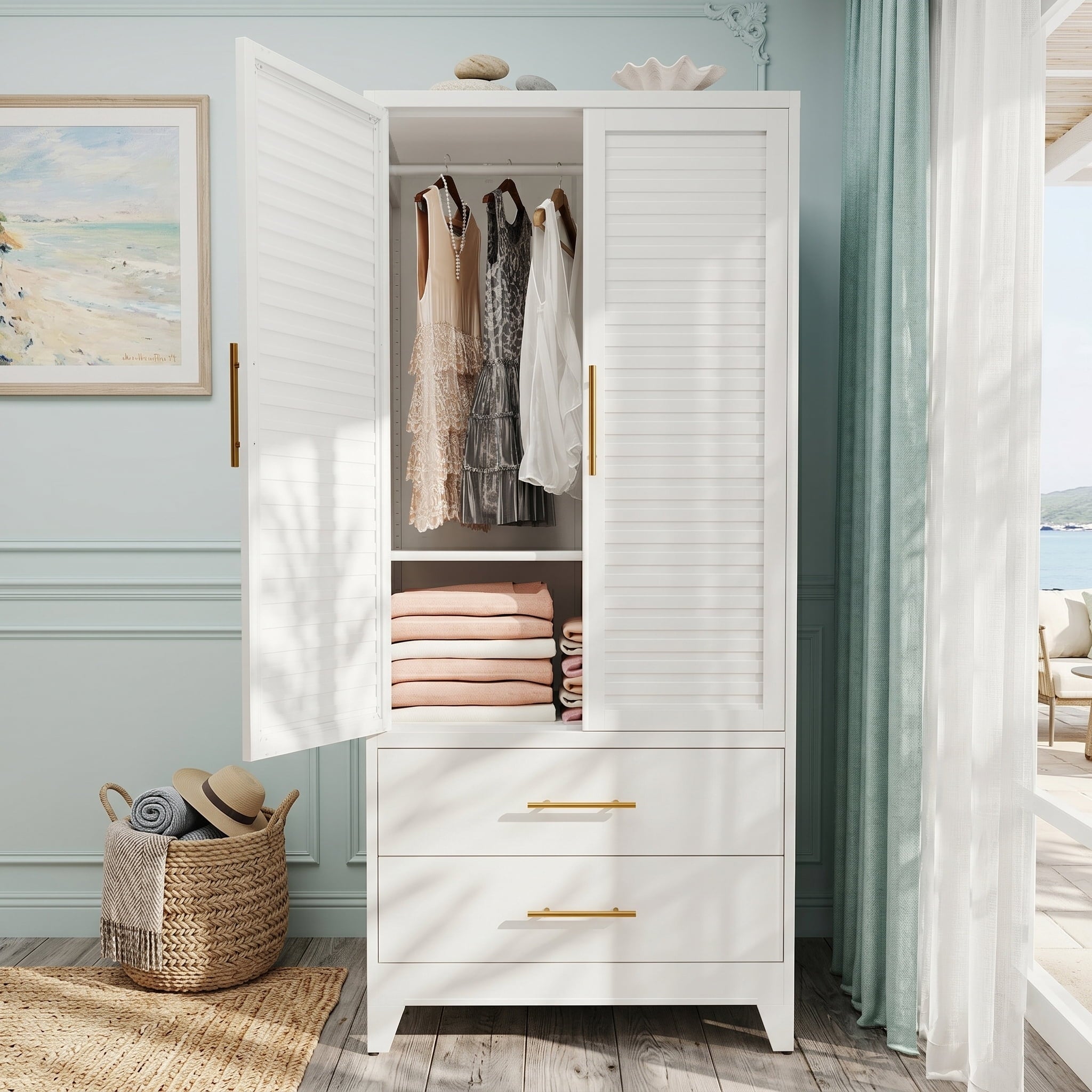 AISWORD 60 Tall Metal Wardrobe Cabinet with 1 Drawer and Hanging Rod, 2 Doors Closet with Adjustable Shelf, White