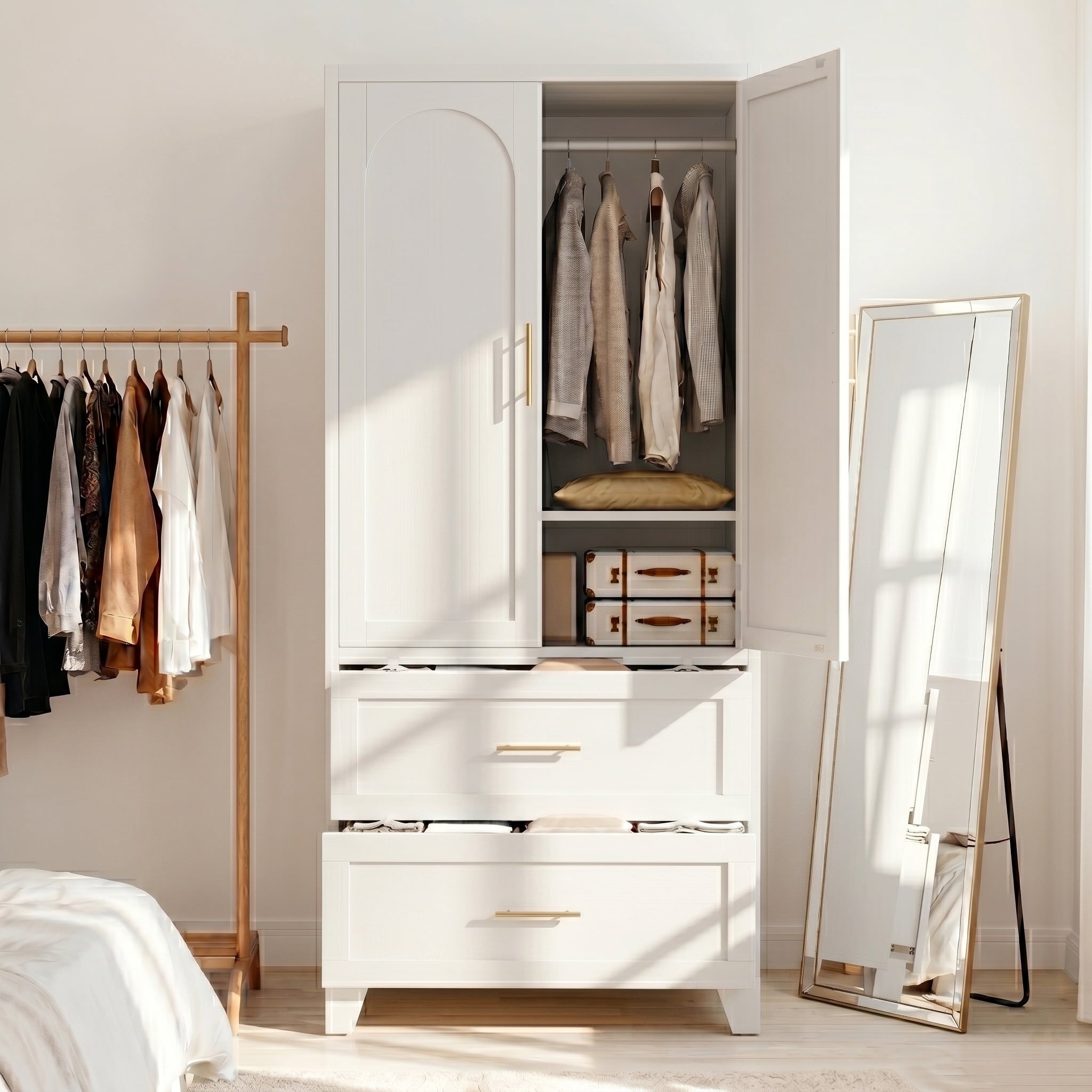 AISWORD 60 Tall Metal Wardrobe Cabinet with 1 Drawer and Hanging Rod, 2 Doors Closet with Adjustable Shelf, White