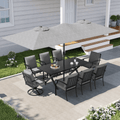 ALAULM 10 Piece Patio Dining Set w/14FT Umbrella, Metal Outdoor Furniture Set w/Rectangular table, 6 Fixed Chairs and 2 swivel rocking chairs for Patio, Backyard, Garden, Poolside（Grey）