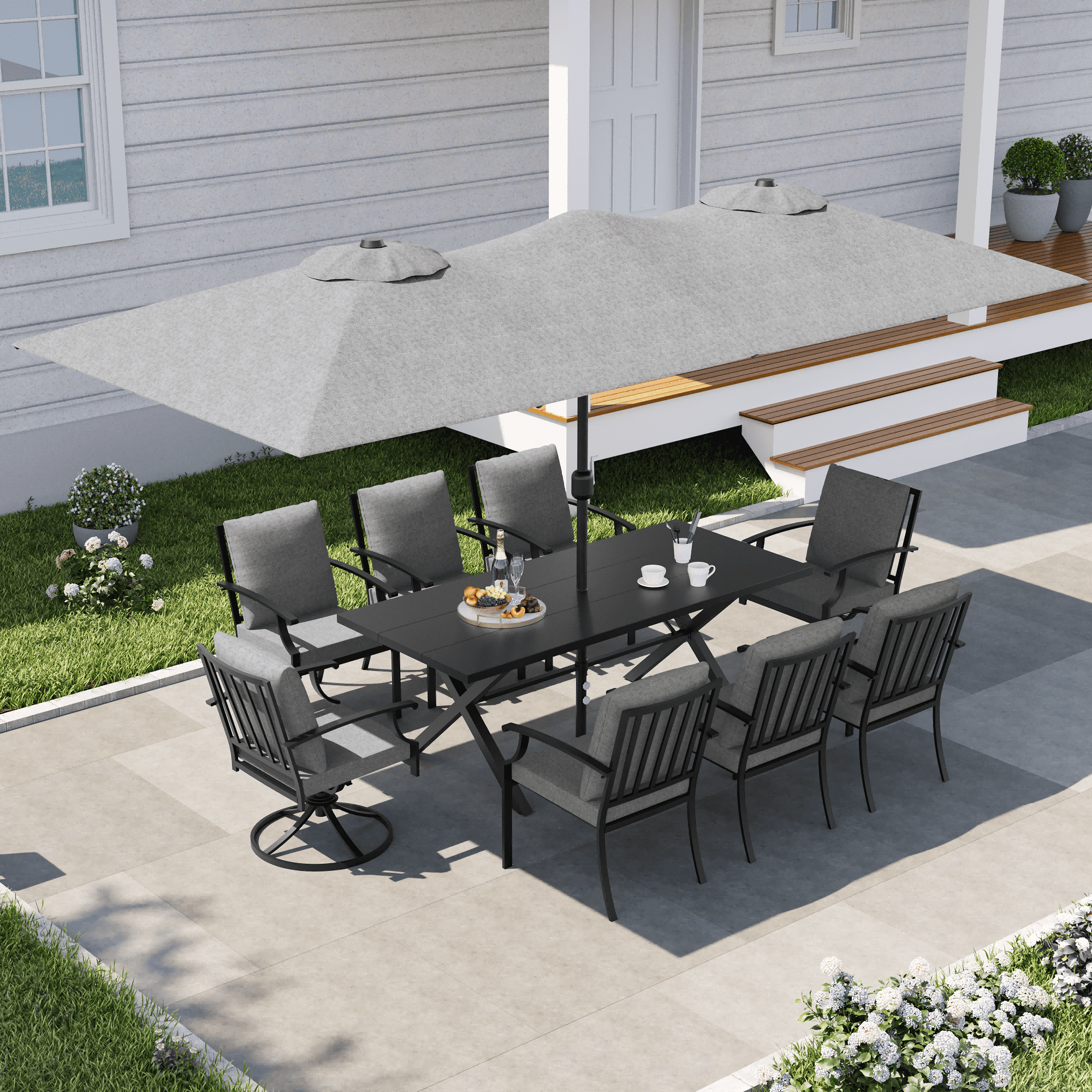 ALAULM 10 Piece Patio Dining Set w/14FT Umbrella, Metal Outdoor Furniture Set w/Rectangular table, 6 Fixed Chairs and 2 swivel rocking chairs for Patio, Backyard, Garden, Poolside（Grey）
