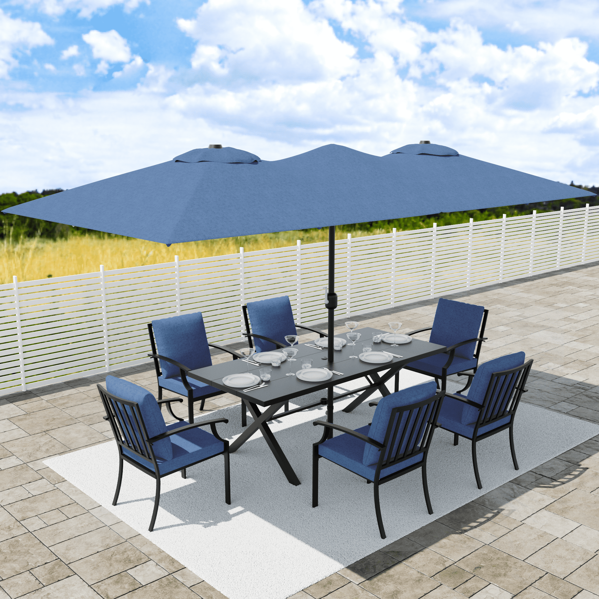 ALAULM 10 Piece Patio Dining Set w/14FT Umbrella, Metal Outdoor Furniture Set w/Rectangular table, 6 Fixed Chairs and 2 swivel rocking chairs for Patio, Backyard, Garden, Poolside（Grey）