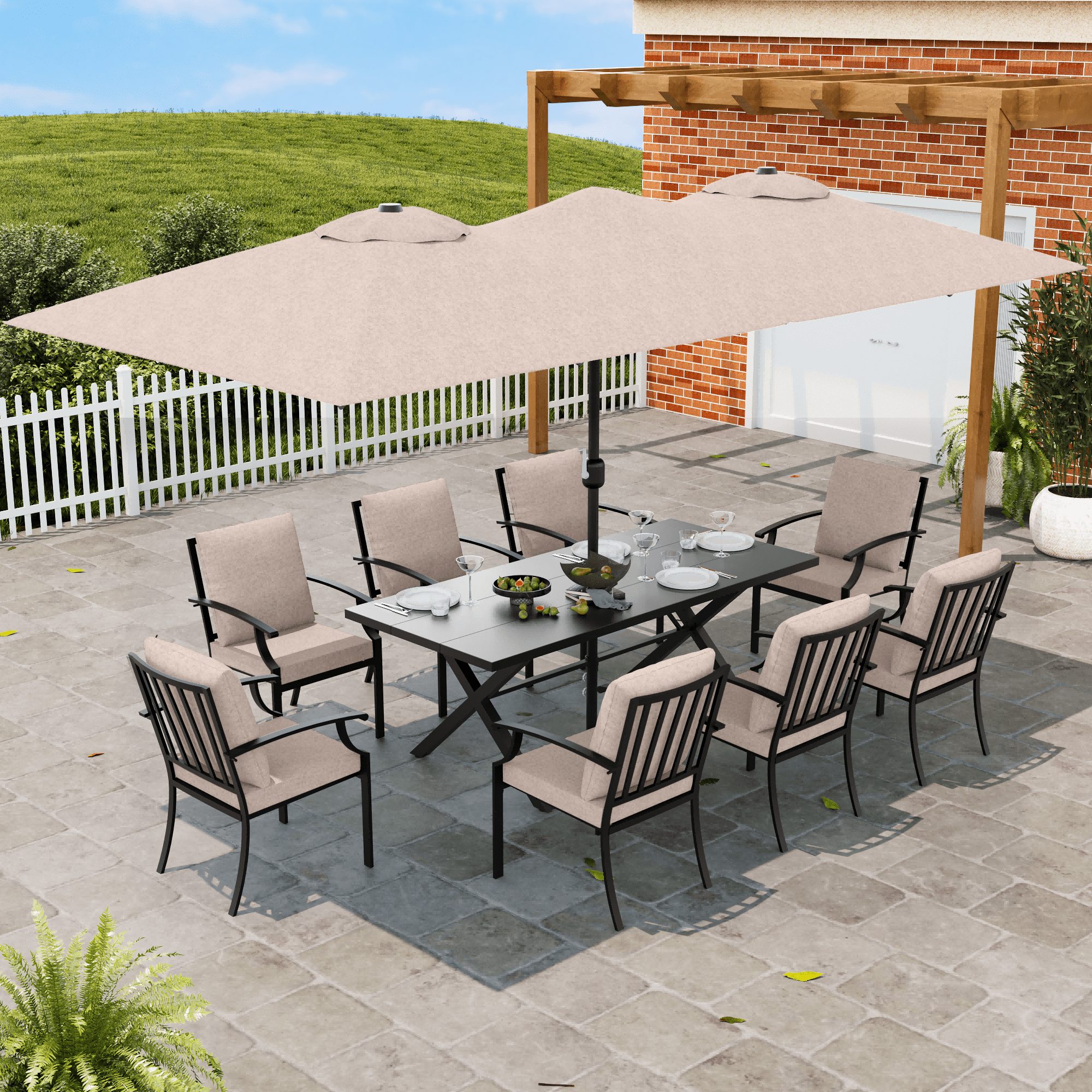 ALAULM 10 Piece Patio Dining Set w/14FT Umbrella, Metal Outdoor Furniture Set w/Rectangular table, 6 Fixed Chairs and 2 swivel rocking chairs for Patio, Backyard, Garden, Poolside（Grey）