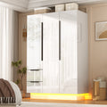ANPOO 3 Door Wardrobe Closet with 2 Drawers & Mirror, 70H High Gloss LED Wardrobe Armoire with Hanging Rod, Wooden Large Freestanding Storage Wardrobe for Bedroom, High Gloss White Armoire
