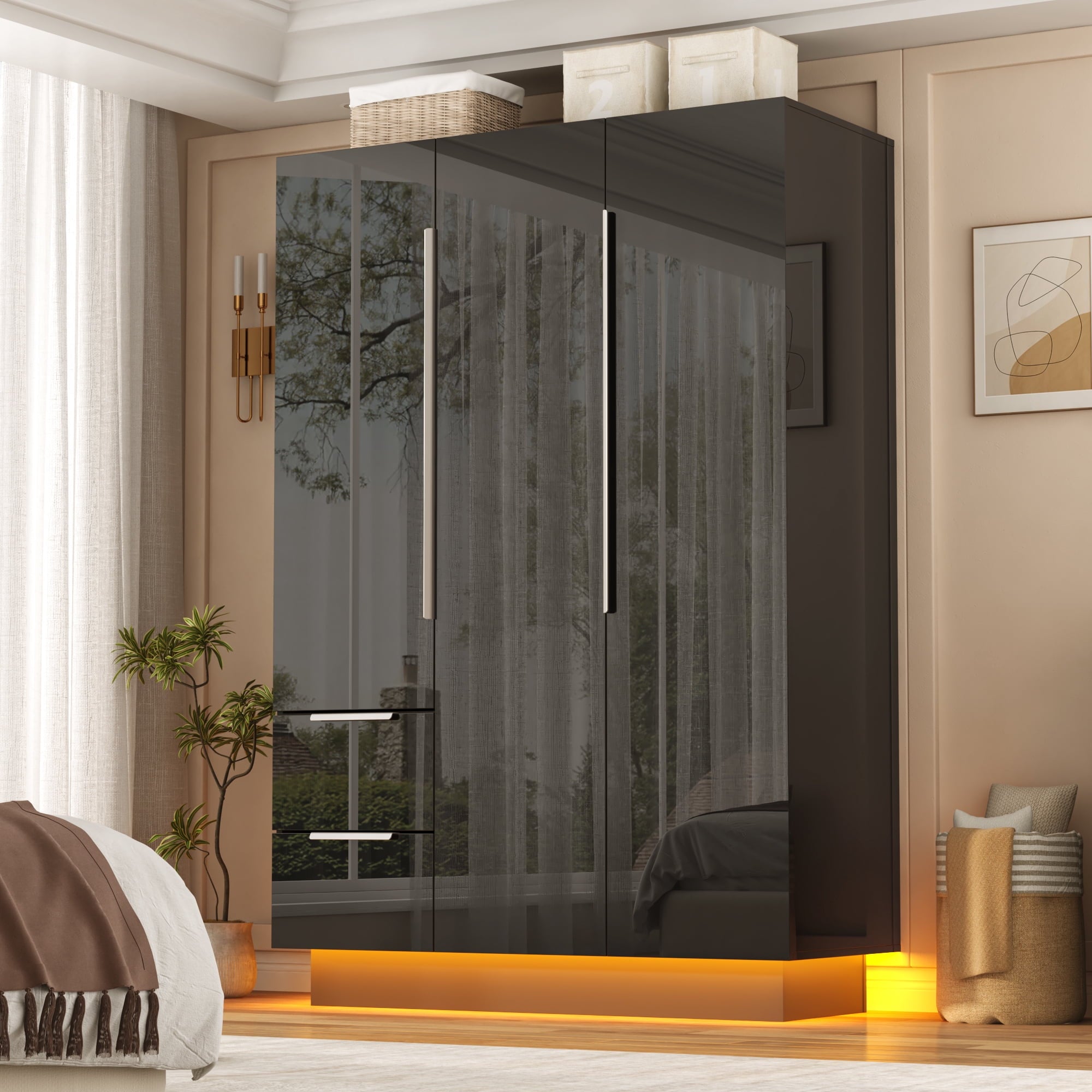 ANPOO 3 Door Wardrobe Closet with 2 Drawers & Mirror, 70H High Gloss LED Wardrobe Armoire with Hanging Rod, Wooden Large Freestanding Storage Wardrobe for Bedroom, High Gloss White Armoire